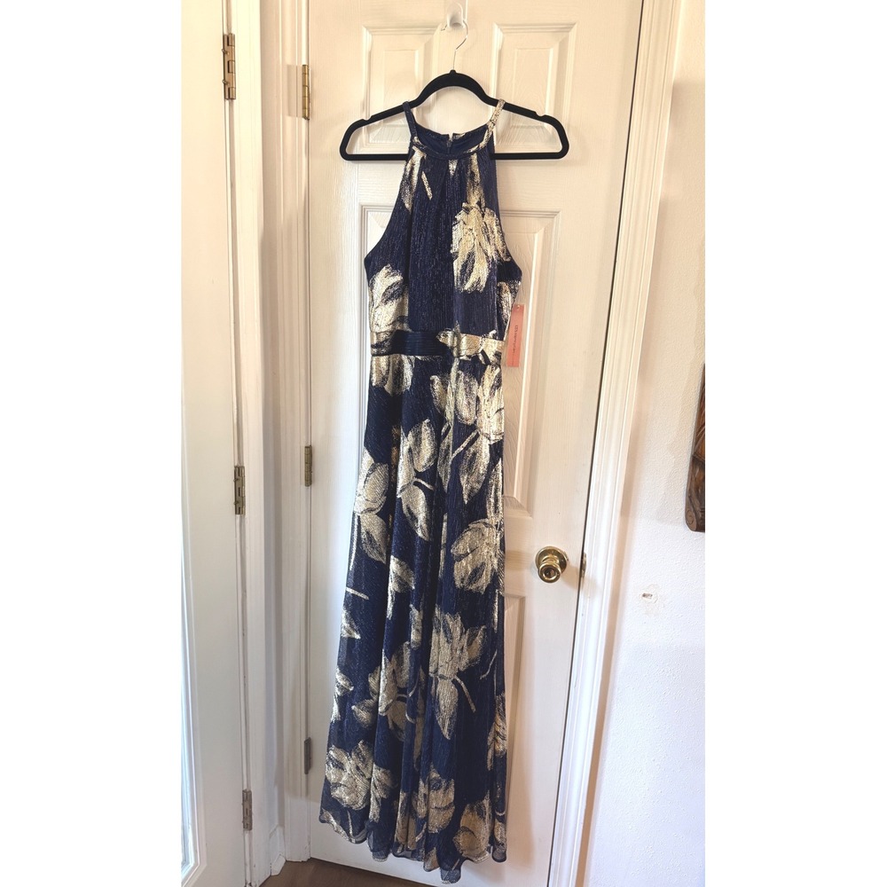 AQUA Navy Gold Floral Foil Halter Gown Bloomingdales Exclusive Size 10 NEW